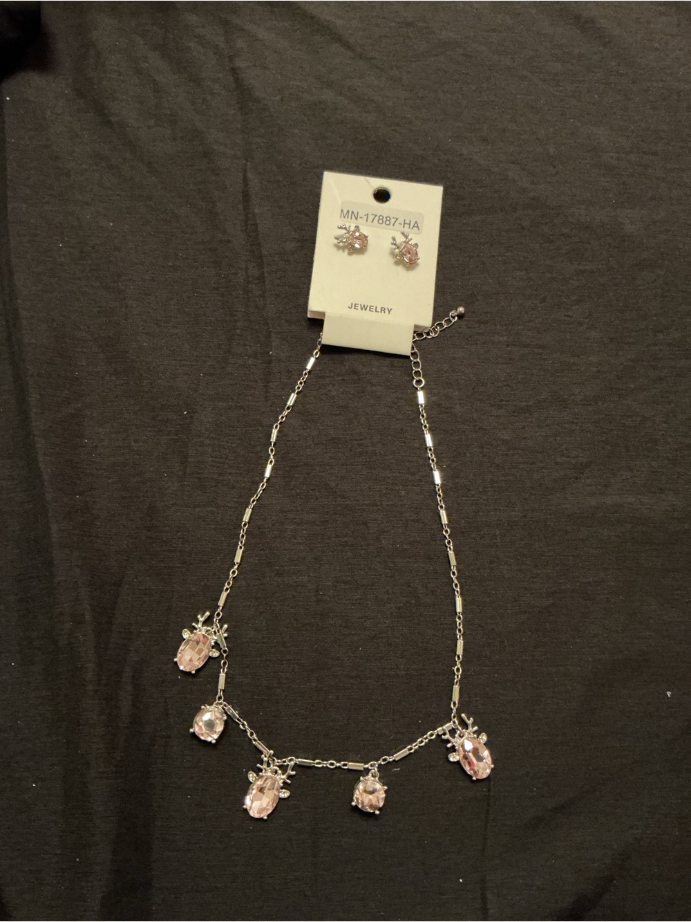 Silver-Tone Pink Crystal Charm Necklace and Stud Earring Set